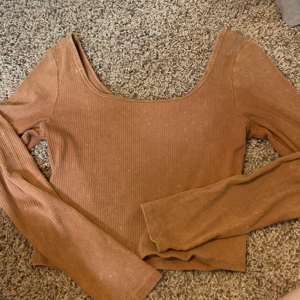 Brown Ribbed Long Sleeve Crop Top